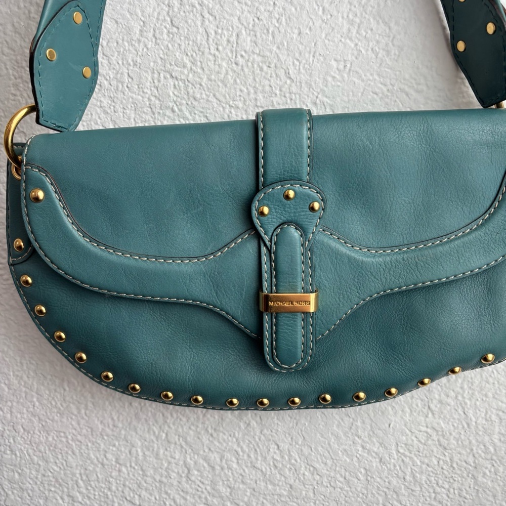 Vintage Michael Kors Teal Studded Leather Shoulder Bag Y2K - Picture 2 of 12